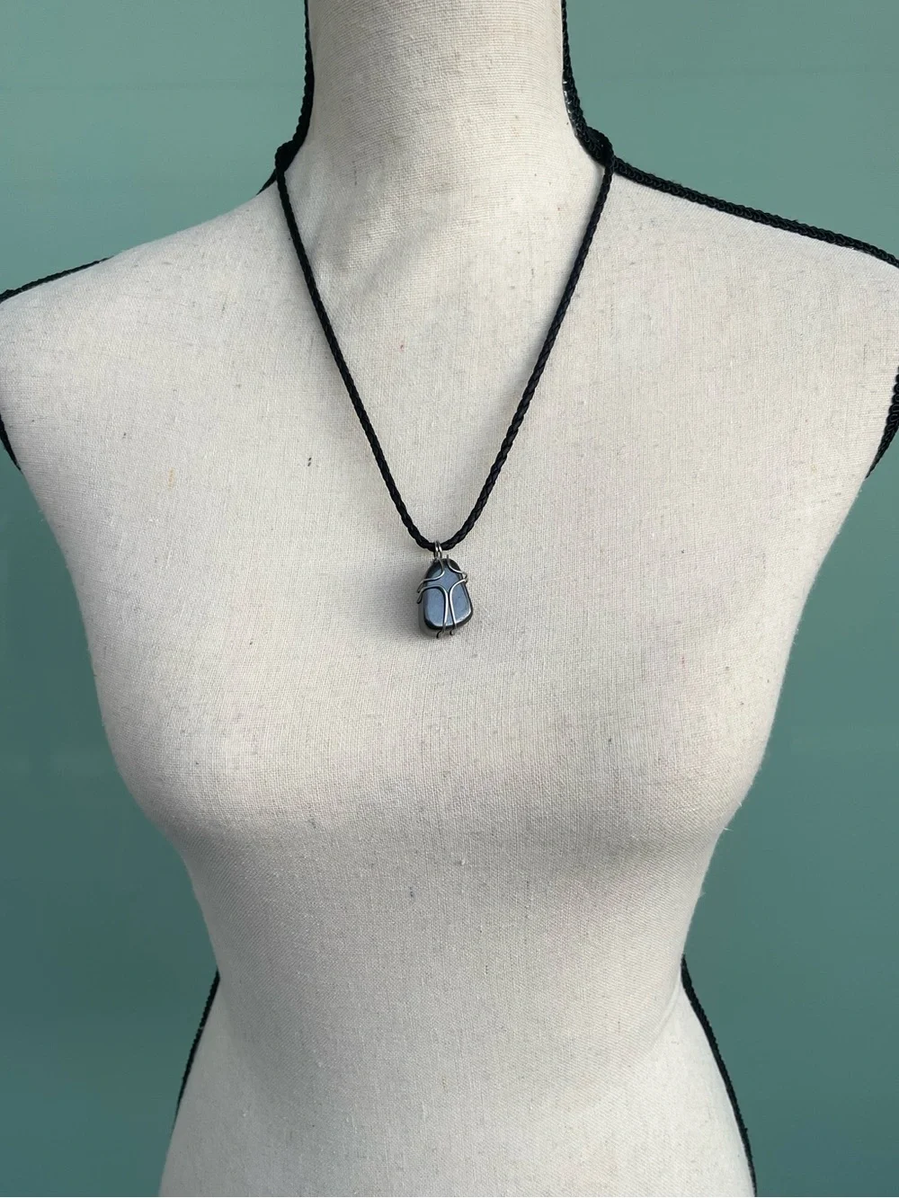 Hematite Black Gemstone Pendant Stainless Steel Wire Wrap on Braided Black Cord